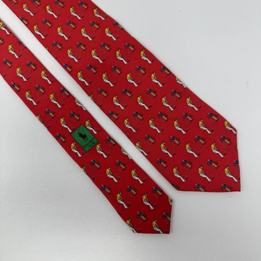 Polo Ralph Lauren Red Silk Golf Document No. 56 Tie Hand Made in Italy Mens‎